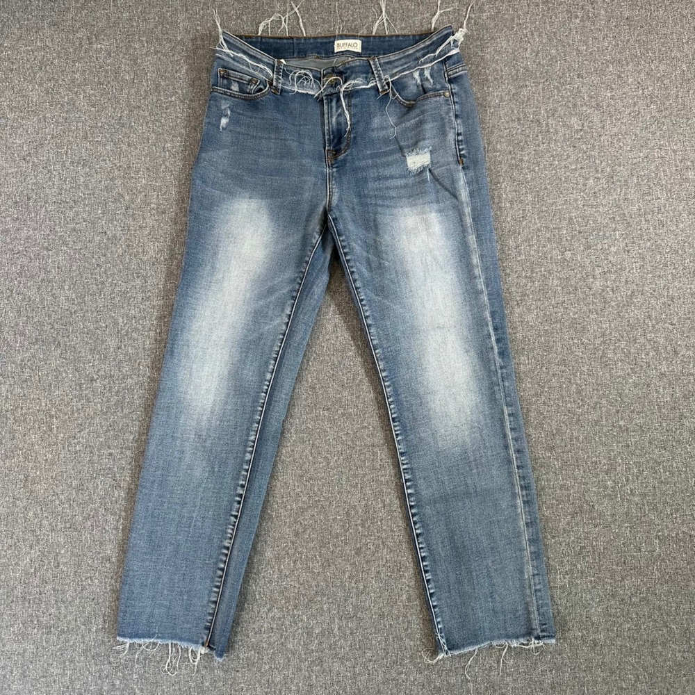 Buffalo Jeans Women 30 Straight Leg Blue Frayed Waist Raw Hem Distressed